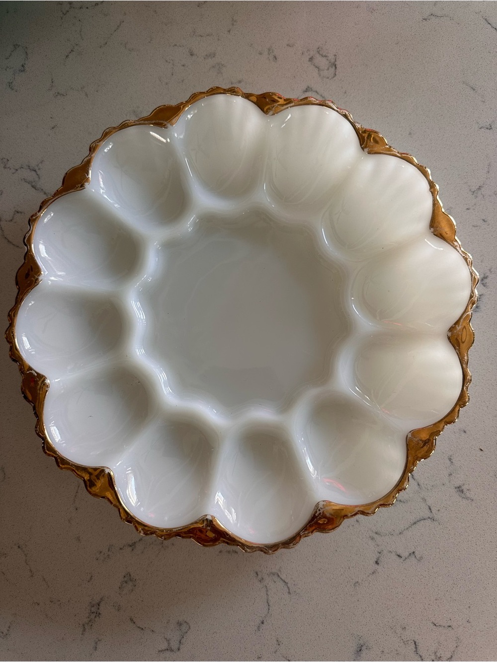 Fire King Milk Glass Gold Trimmed Gilt Scalloped Edge Deviled Egg Plate Vintage